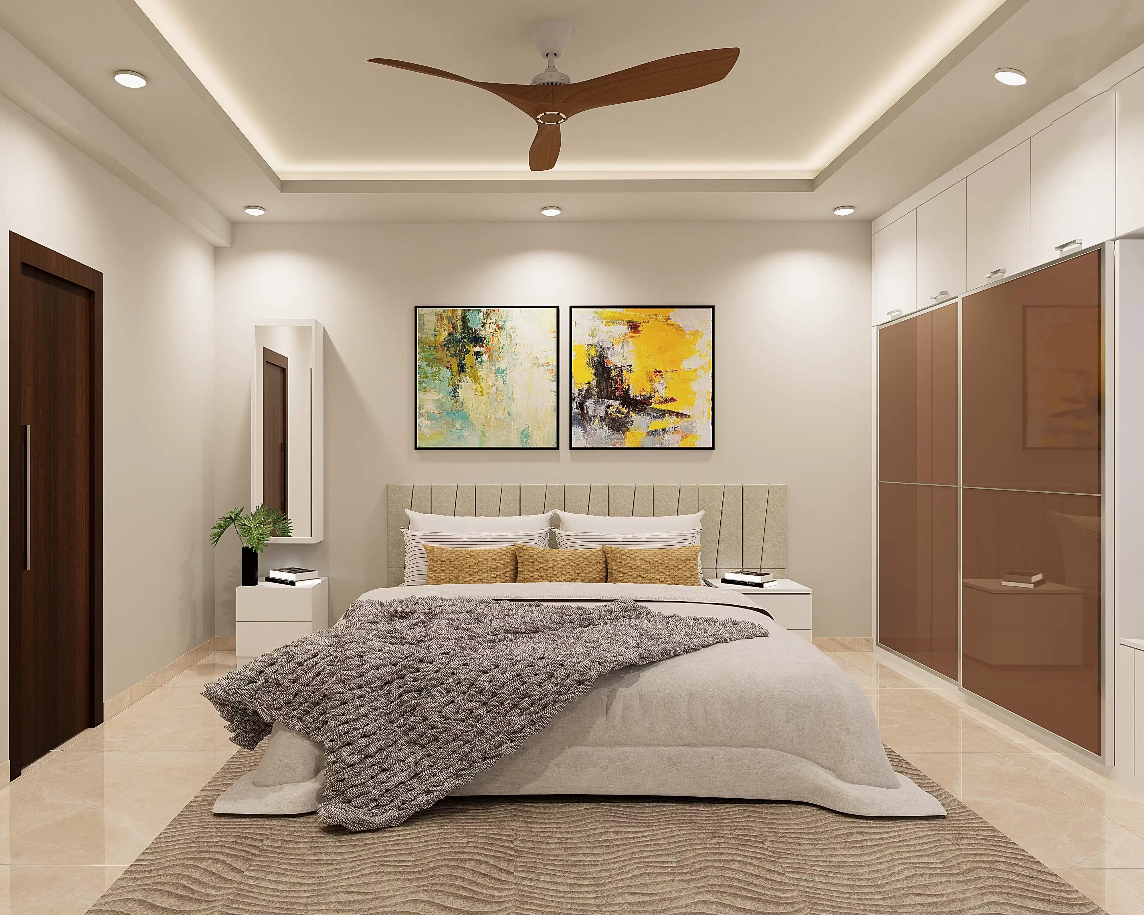 Warm modern bedroom with fitted wardrobe
