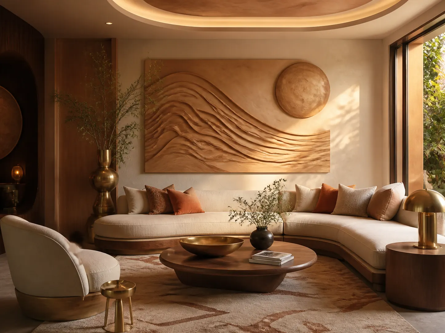 Cohesive lounge with a compelling warm design theme