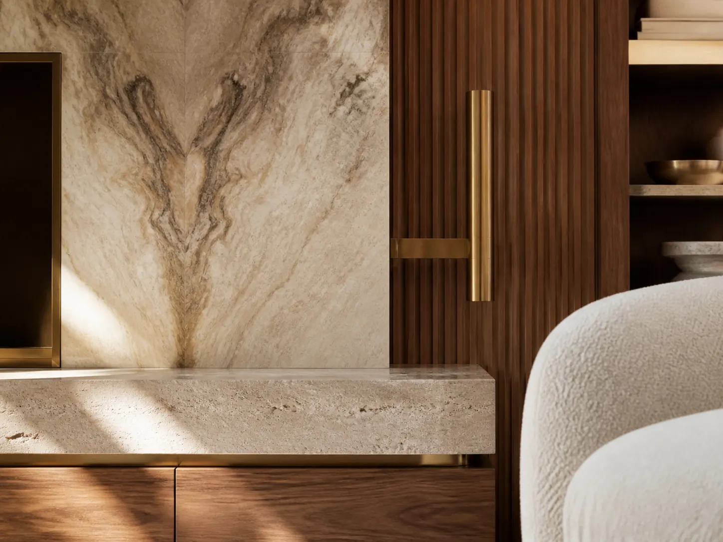 Premium stone, walnut and brass interior materials