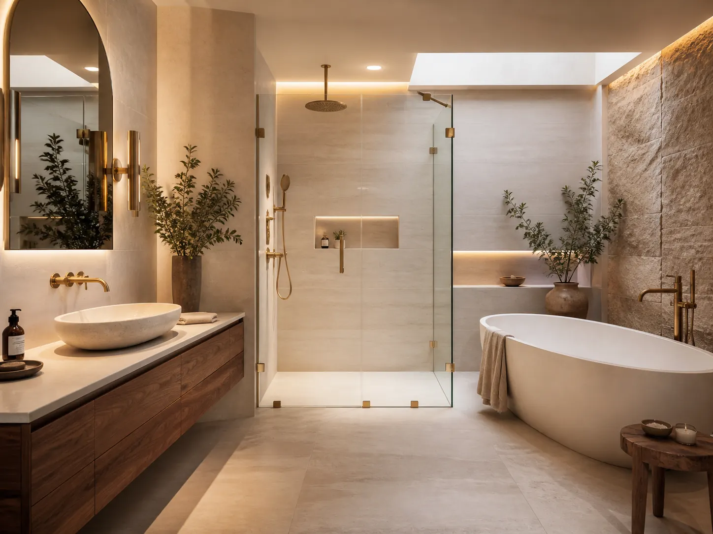Spa bathroom with natural stone vanity and shower