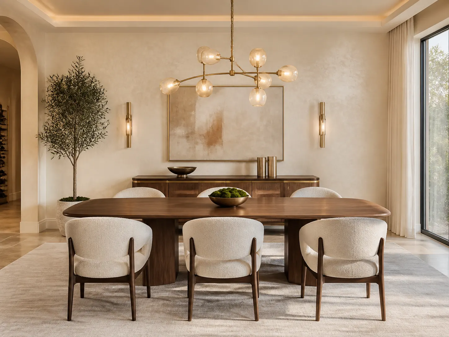 Contemporary dining room with walnut table