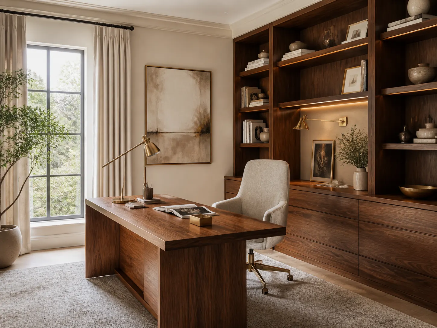Home office with bespoke walnut desk and bookshelves